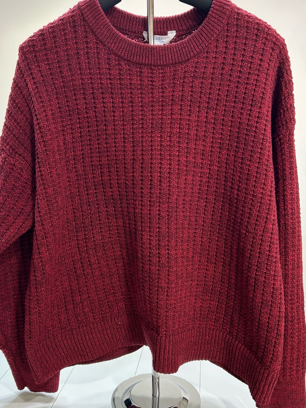 Time and Tru Burgundy Marled Open-Weave Knit Sweater